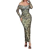 ABMOIU Women's Off The Shoulder Maxi Dress Long Sleeve Rhinestone Mesh Ruched Party Wedding Guest Dresses