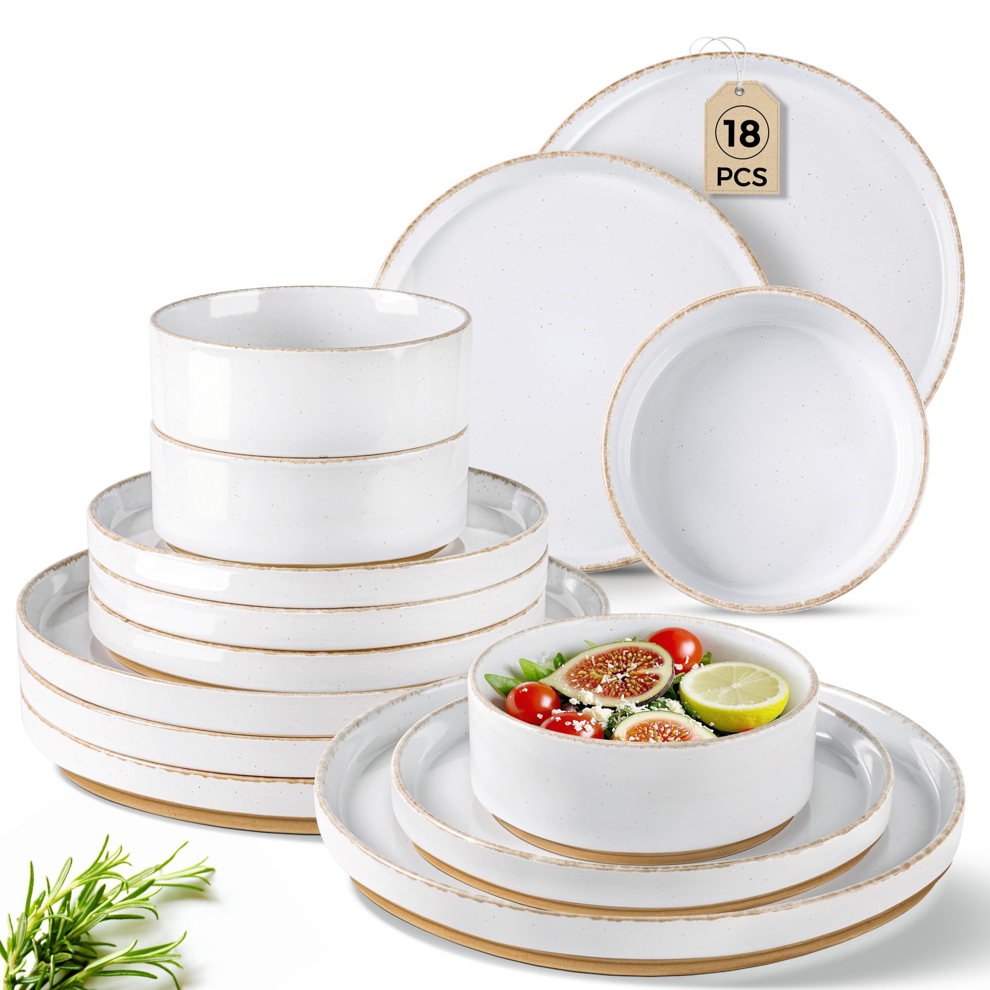 Photo 1 of AmorArc Ceramic Dinnerware Sets for 6, 18 Pieces Handpainted Plates and Bowls Set with Rustic Terracotta Underside, Scratch Resistant Stoneware Dishes Set, Dishwasher & Microwave Safe