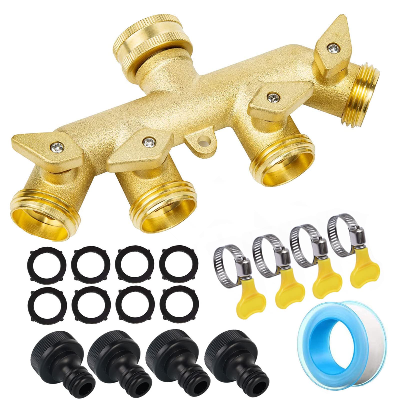JasCherry 4 Way Garden Brass Hose Splitter Tap with Individual On-Off Valves Thread 3/4" - Outdoor Utility Adaptor Hose Pipe Manifold Connector Solid Tap for Gardening Irrigation Watering Flowering