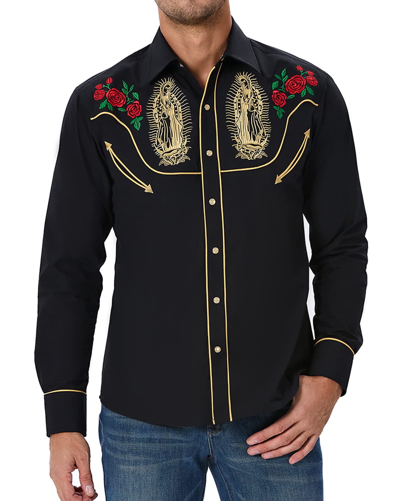 Photo 1 of SALVAJE OESTE Men's Long Sleeve Retro Shirt with Our Lady of Guadalupe Western Cowboy Shirts Snap Button Long Sleeve Shirt Black