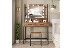 Fameill Makeup Vanity with Lights,Vanity Desk with Drawer,Vanity Table Set with Lighted Mirror,3 Color Dimmable Makeup Desk for Bedroom,Rustic Brown