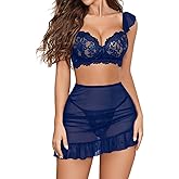 Avidlove Women Lingerie Set Lace Skirt and Bra 3 Piece Lingerie Set Chemise Ruffle Hem Sleepwear