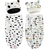 VitalCozy 2 Pack Preemie Baby Swaddle Blanket Wrap with Hat 3-7 Lbs Preemie Hat Newborn Receiving Blanket Wrap for Boy Girl(Animals, Cow)