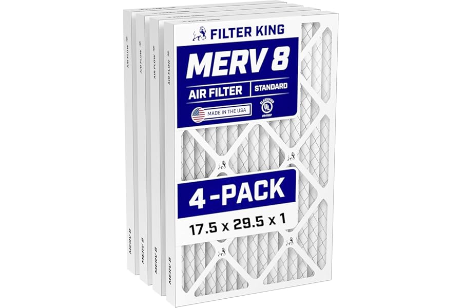 Filter King 17.5x29.5x1 Air Filter (MERV 8) (4-Pack) Dust & Allergy Control AC Furnace Filters, MADE IN USA, HVAC, Pleated, Electrostatic (Actual Size: 17.5 x 29.5 x .75)