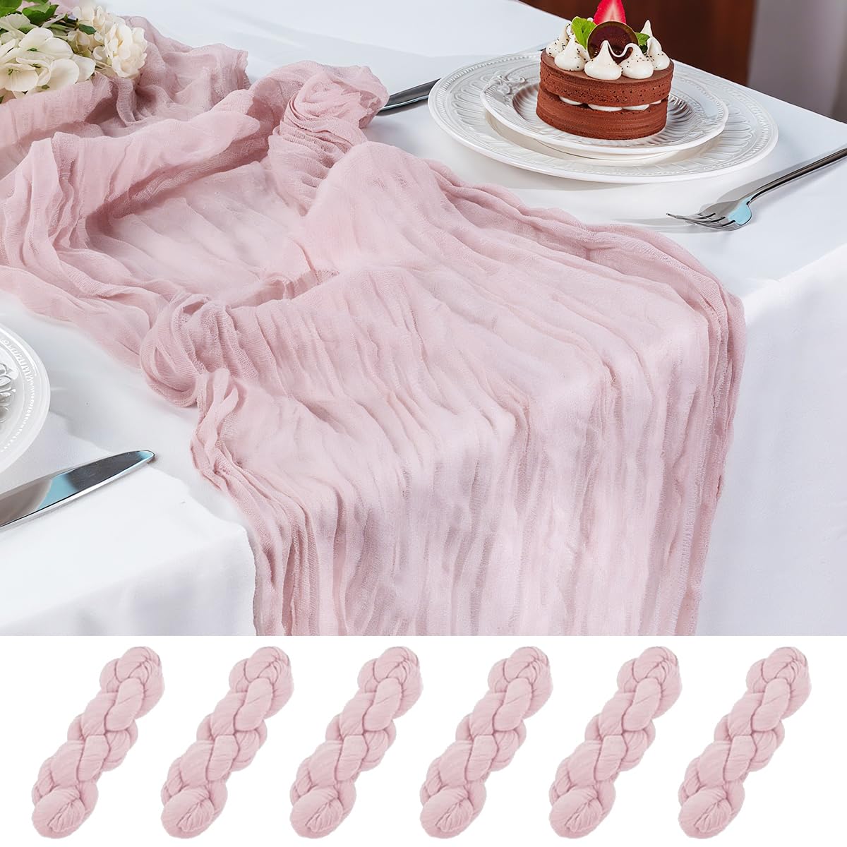 Photo 1 of 10FT 6 Pack Dusty Mauve Pink Cheesecloth Table Runner Romantic Boho Rustic Sheer Gauze Cheese Cloth Table Runners 120x22 inchs Decor for Wedding Bridal Baby Shower Party Birthday Home Decorations