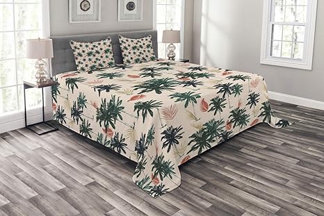 Amazon Ambesonne ツリーベッドスプレッド エキゾチック 夏に葉っぱ インディアンハワイの葉 イラスト 装飾キルトベッドカバー 枕カバー付き シダグリーン コーラルベージュ クイーン Bed Queen 寝具カバーセット オンライン通販