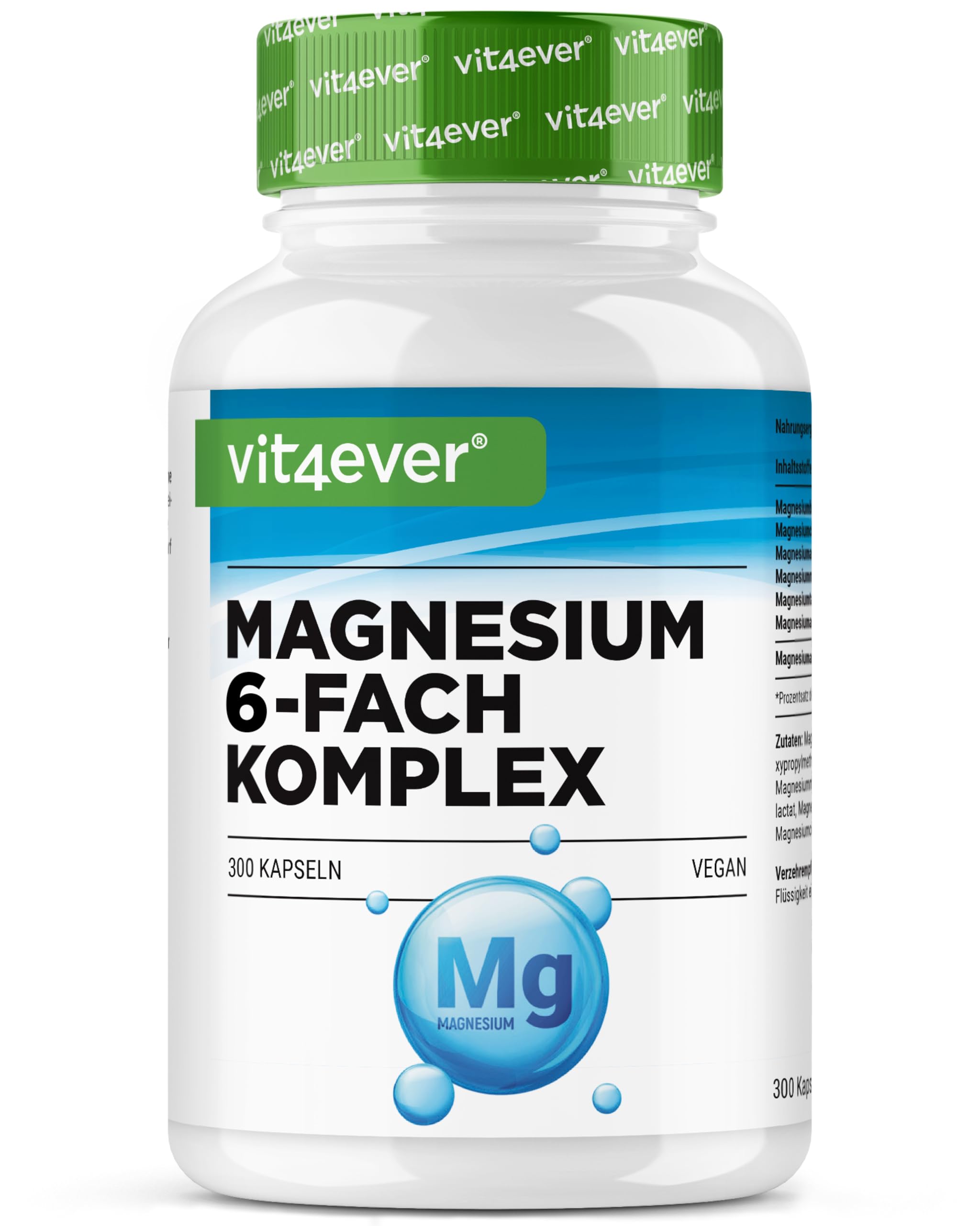 vit4ever Magnesium Komplex hochdosiert 375 mg - 6-fach mit hohem Bisglycinat-Anteil - 300 Kapseln (100 Tage) - mit Citrat, Malat, Ascorbat, Laktat - vegan, ohne unnötige Zusatzstoffe, laborgeprüft