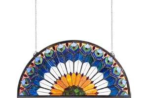 VEVOR Stained Glass Window Panel, 36 x 18 in, Tiffany Style Hanging Transom Window Panel with Chain, Large Half-Round Stain Glass Hanging, Vintage Traditional Art Handcrafts for Kitchen Home Decor
