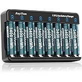 RayHom Rechargeable AA Lithium Batteries with Charger, 8Pack Li-ion Double a Batteries, 1.5V 3400mWh High Capacity, Cycle Tim