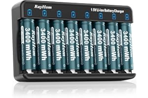 RayHom Rechargeable AA Lithium Batteries with Charger, 8Pack Li-ion Double a Batteries, 1.5V 3400mWh High Capacity, Cycle Times Over 1000+