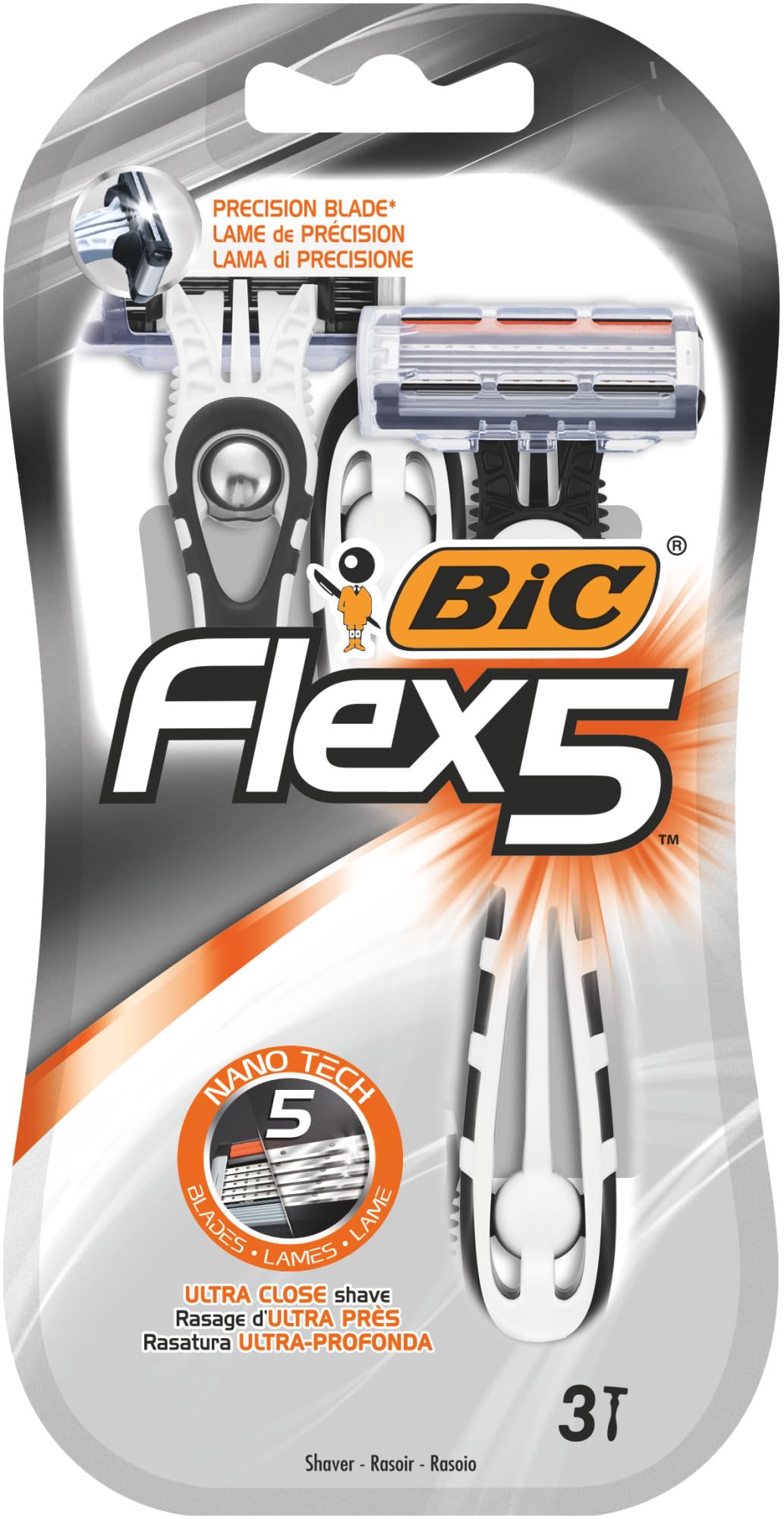 BIC Flex5 Razors - 5 Moveable Nano-tech Blades Plus a Precision Blade for Men - Pack of 3 Disposable Razors