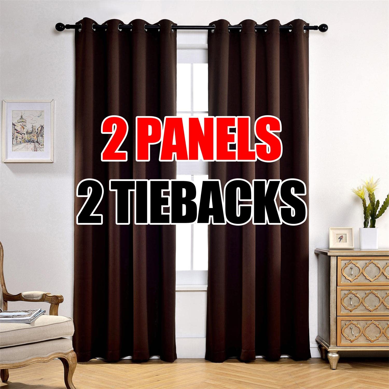 MIUCO Thermal Insulated Grommet Window Blackout Curtains Panels for Livingroom 1 Pair 52x84 Inch Chocolate, Bonus 2 Tie Backs Included