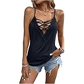 SOLY HUX Women's Contrast Lace Cami Tops Criss Cross Front V Neck Spaghetti Strap Camisole