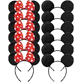 CHuangQi 12pcs Mouse Ears Solid Black and Red Bow Headband for Boys and Girls Birthday Party Celebration or Event