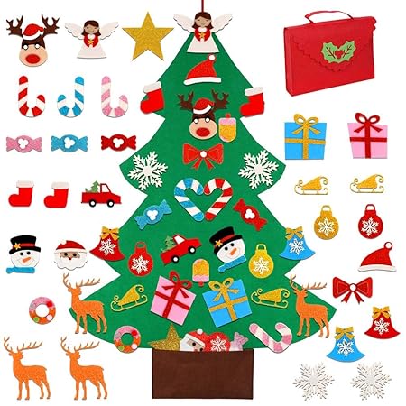 Ourwarm Albero Di Natale In Feltro Fai Da Te Con 30 Pezzi Ornamenti Glitter Albero Di Natale Feltro Grande Per Bambini Regali Di Natale Decorazione