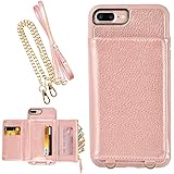 iPhone 7 Plus Zipper Wallet Case Compatible, iPhone 8 Plus Leather Case, LAMEEKU Shockproof Credit Card Holder Slot Cases with Wrist Strap Crossbody Chain for Apple iPhone 7 Plus/8 Plus 5.5" Rose Gold