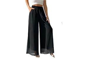 heipeiwa Women's Chiffon Dress Beach Wide Leg Palazzo Pants Elastic Waist Trouser