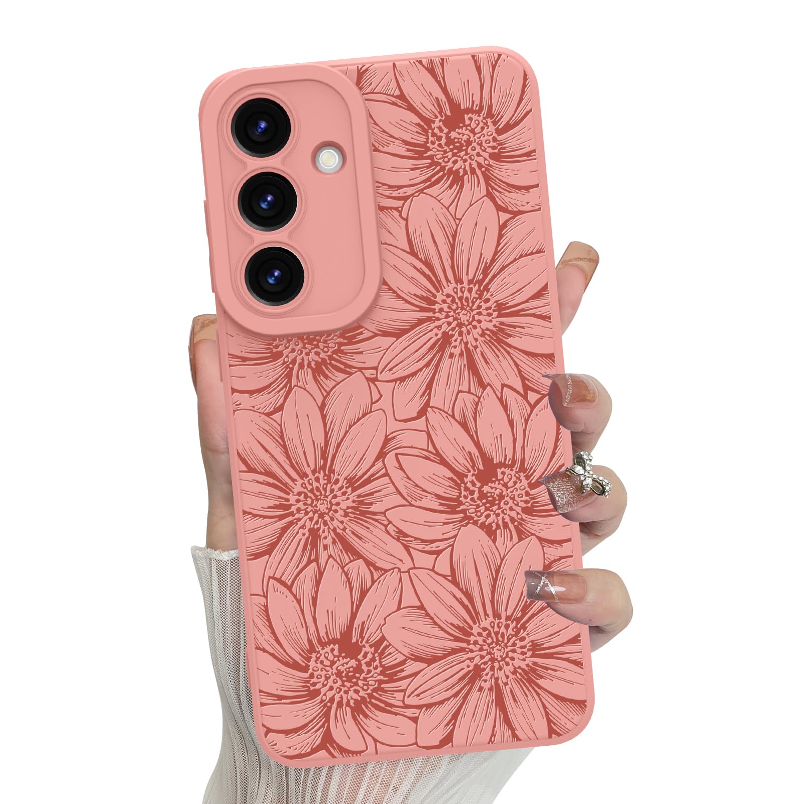 Photo 1 of MZELQ for Samsung Galaxy S25 Case, Silicone Pink Floral Flowers Sunflowers Cute Pattern, Camera Protection Soft Slim Phone Case for Girls Women -Pink
