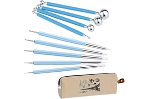 Ecjiuyi 9PCS Sculpting Tools,4PCS Double-Ended Metal Ceramic Clay Ball Stylus Dotting Tools and 5PCS 2 Way Silicone Polymer and Embossing Paper Flower Indentation Tool Set