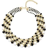 Black and White Pearl Statement Necklace Chunky Layered Beaded Choker Gold Chain Retro Glam Jewelry