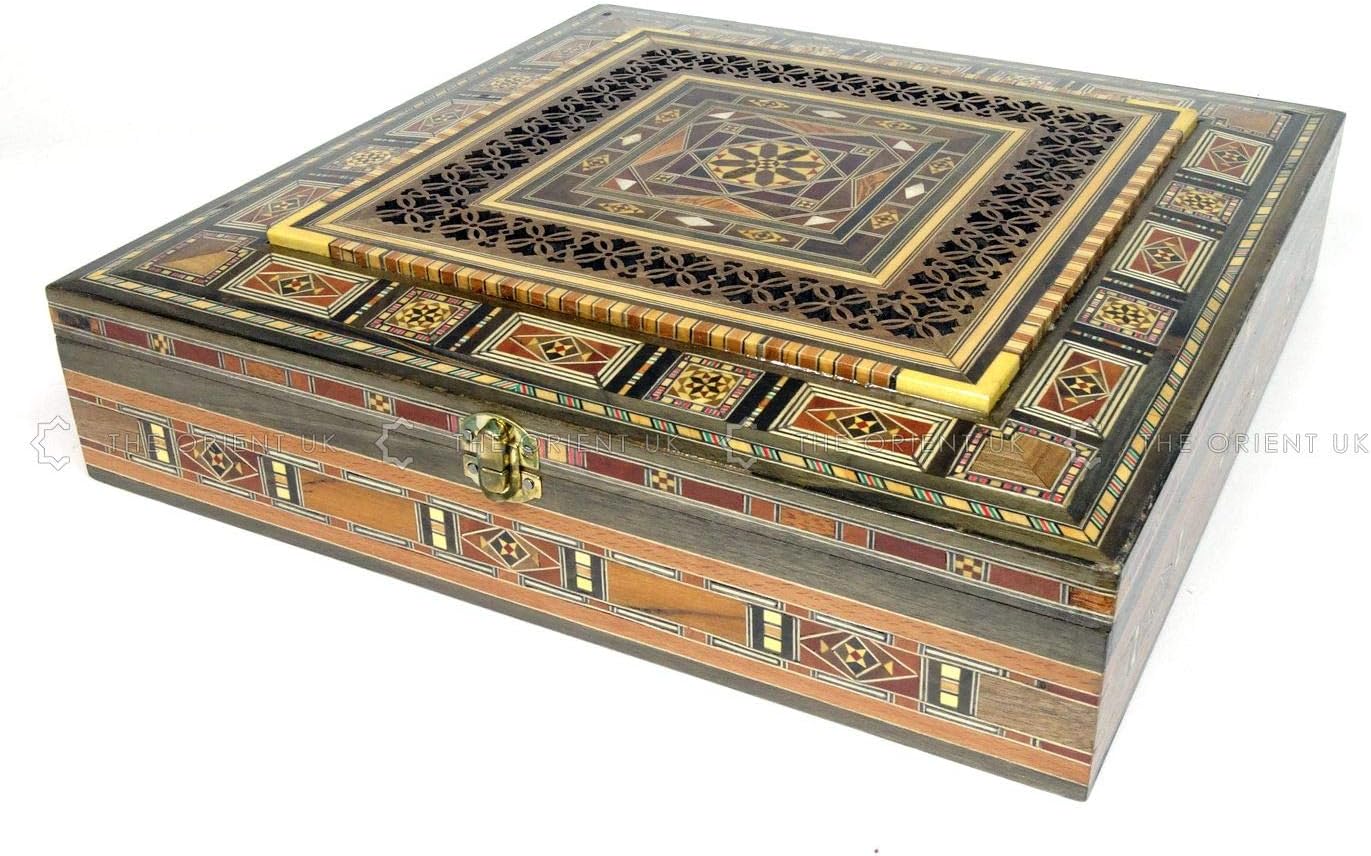 XL Handmade Engraved Syrian Inlaid Mosaic Wooden Jewellery Trinket Box 35x35x7cm
