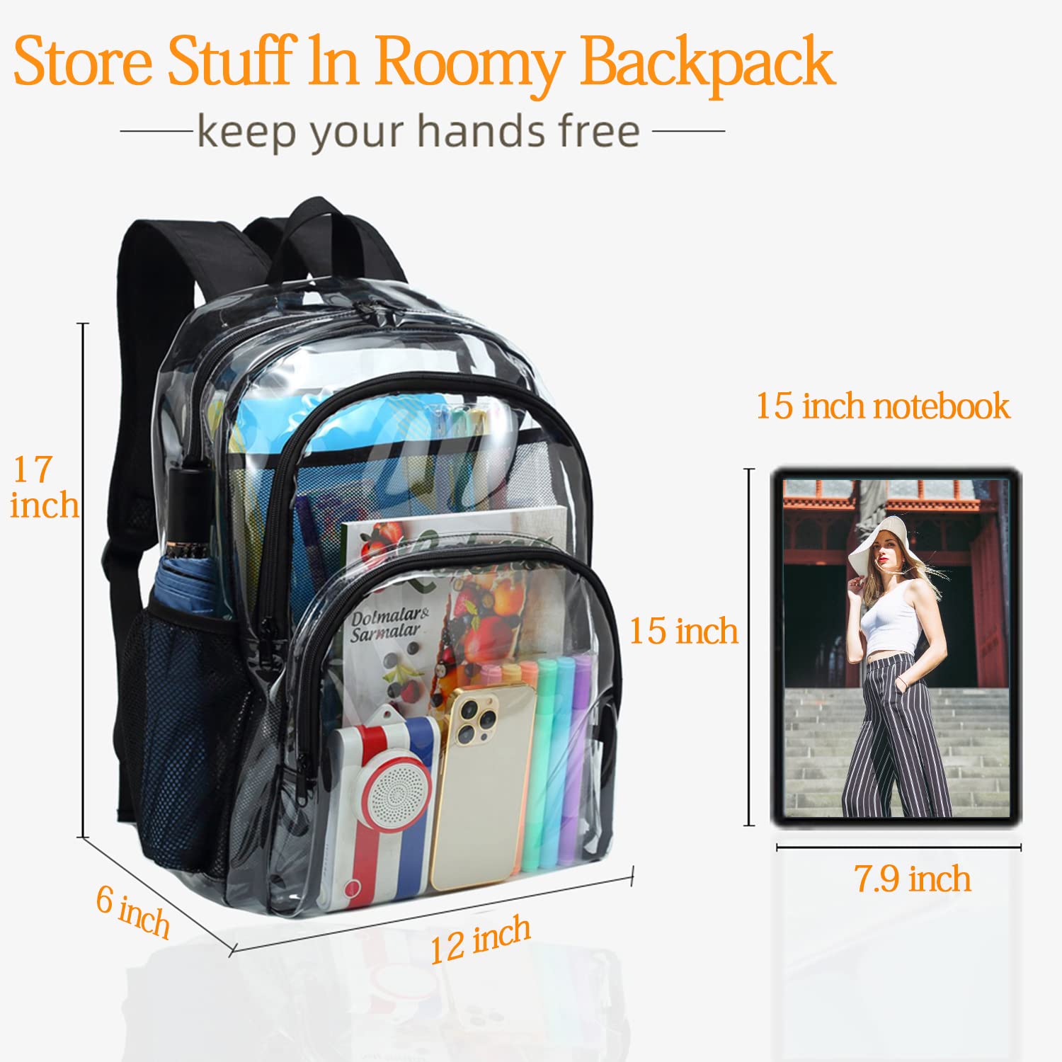 Clear Backpack, Clear Bag Stadium Large See Through Bookbag Heavy Duty PVC Transparent Backpacks for School