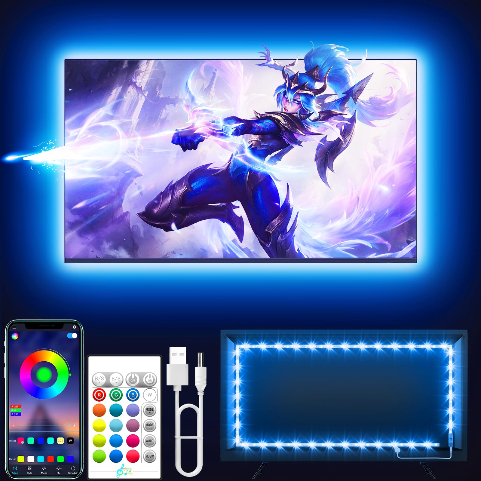 Tyute TV LED Lights, 3M LED Lights for 35-55 Inch TV Behind Lighting, RGB Color Changing TV Backlight with APP & Remote Control, Music Sync USB Strip Light for Bedroom Gaming Room Decor