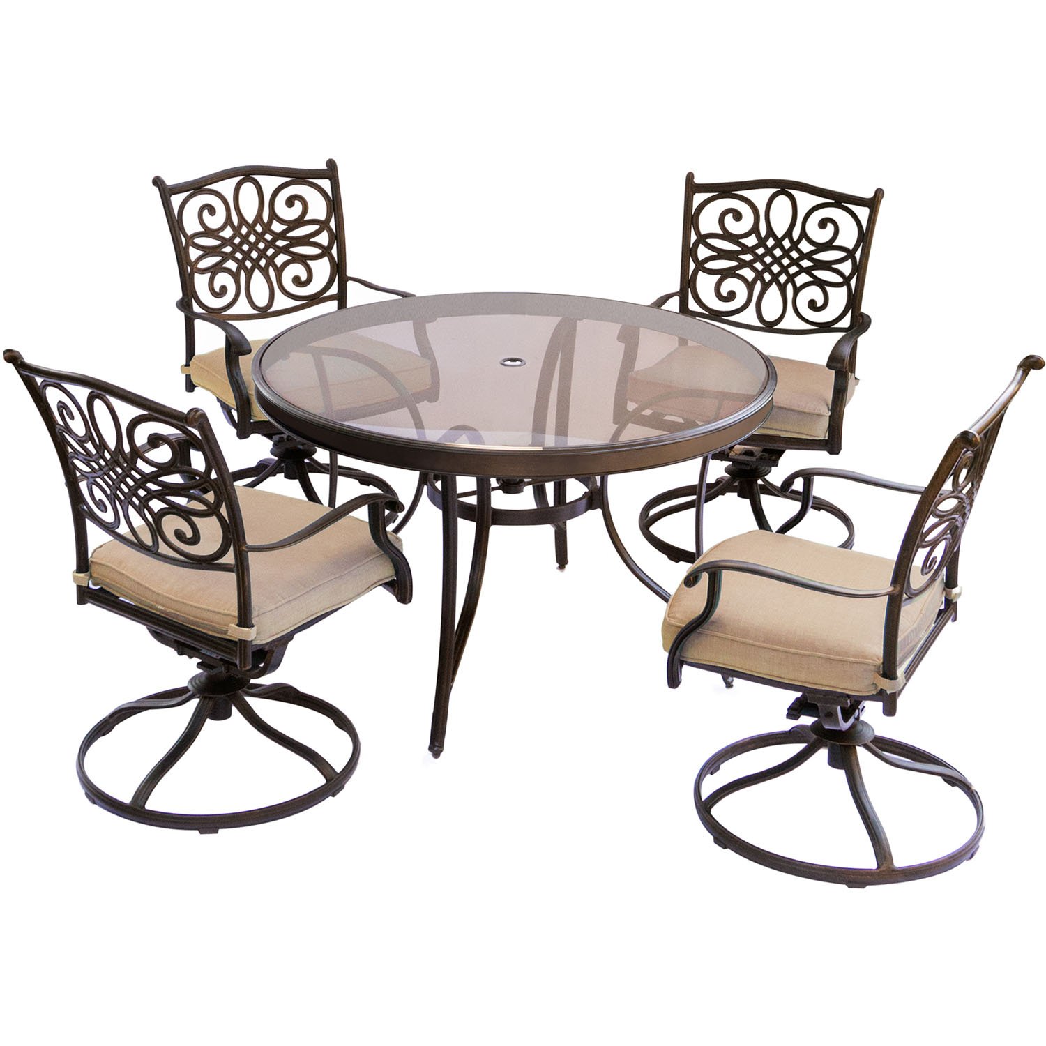 Photo 1 of (used) Hanover Traditions 5-Piece Outdoor Dining Set for 4 with 47" Glass-Top Aluminum Table and 4 Swivel Rockers