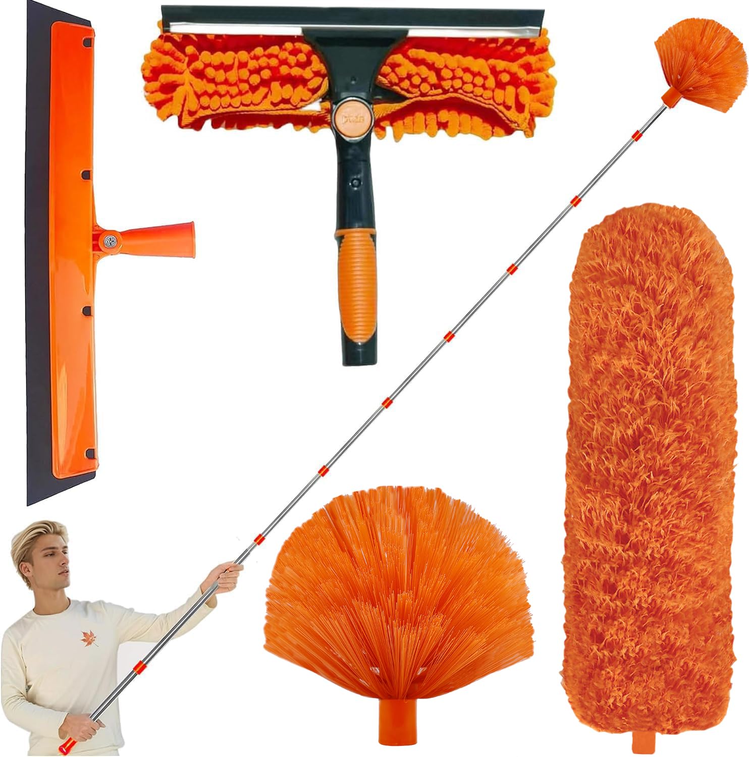 Photo 1 of 20+ Feet High Reach Duster Kit with 3-14 ft Spliceabl Pole, High Ceiling Dusting and Window Cleaning Kit // Window Washer & Squeegee, Cobweb Duster, Feather Duster for Cobweb & Wall Dust Remover