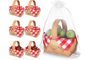PIAOPIAONIU 6 Set Mini Wicker Baskets with Handles Bulk Small Woven Picnic Basket Paper Napkins Organza Bags Mini Flower Cand