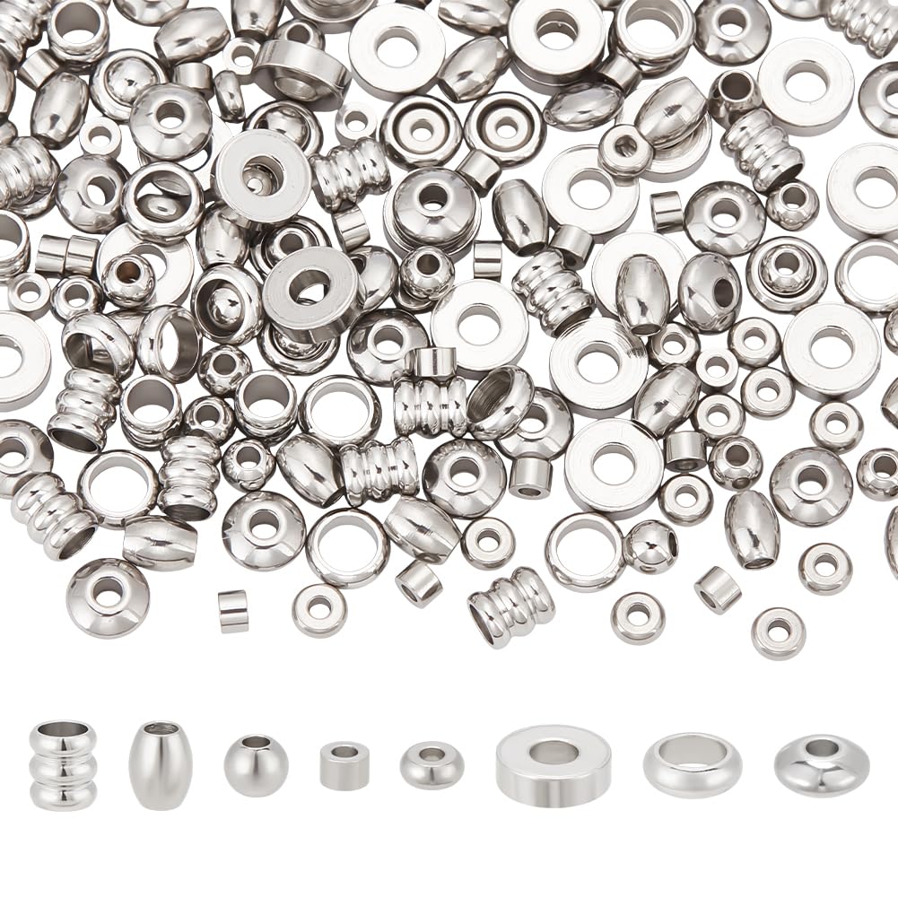 UNICRAFTALE 8 Shapes Loose Beads 160pcs Spacer Beads Stainless Steel Loose Beads Metal Spacer Beads Smooth Surface Beads for DIY Bracelet Necklace Jewelry Making, Hole 1-3mm