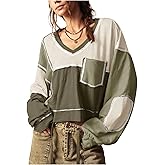 BEAUDRM Women's Boho T-Shirts Drop Shoulder Color Block V Neck Long Sleeve Oversized Tees