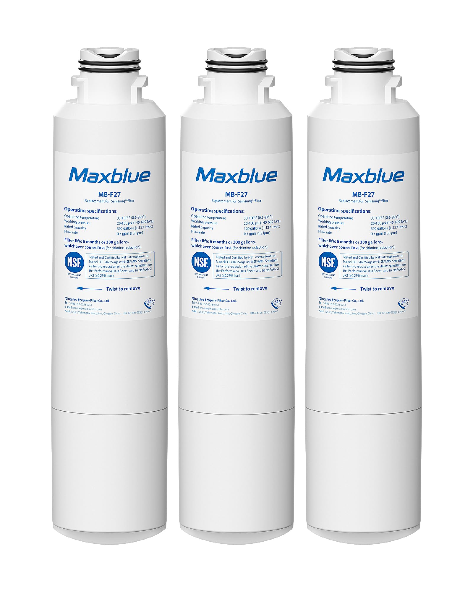 3X Maxblue DA29-00020B Fridge Water Filter, Compatible with Samsung® DA29-00020B, HAF-CIN EXP, DA29-00020A, DA29-00019A, DA97-08006, DA97-08043ABC, Kenmore 46-9101, AP5271937, REFSVC, HDX-FMS-2