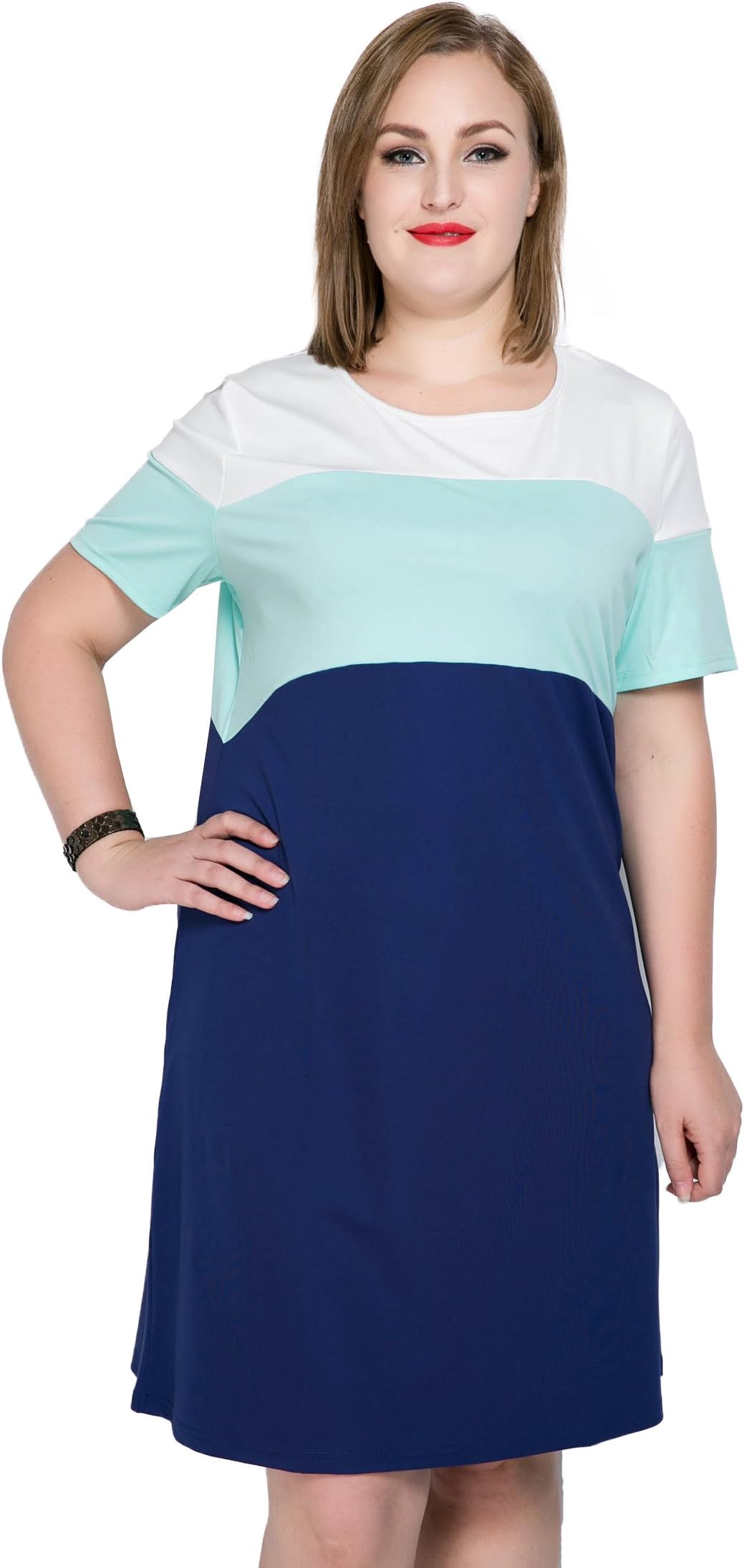 Cute Ann Women's Short Sleeve Color Block Plus Size Summer Casual T-Shirt Dress