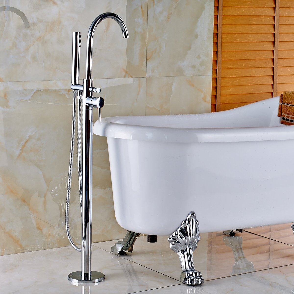 Votamuta New Chrome Polished Floor Mounted Bathtub Shower Faucets Set