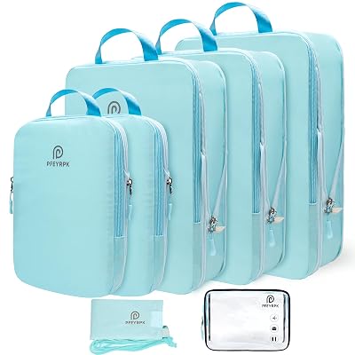 PFEYRPK Compression Packing Cubes for Suitcases,7 Set Travel Packing Cubes for travel,Expandable Organizers Bag Set & Travel Cubes for Luggage,Lightweight Durable Packing Organizers Blue.