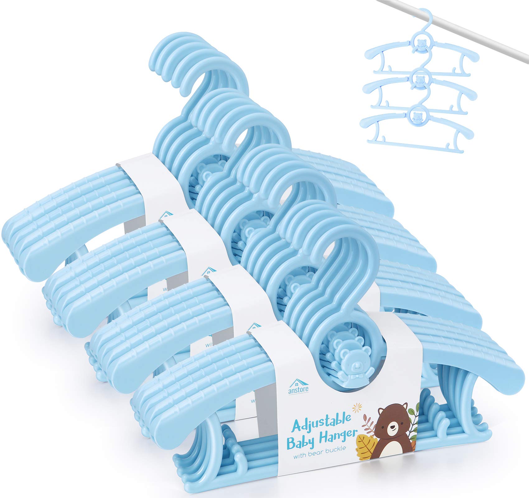 Anstore Baby Hangers, 20 Pack Kids Coat Hangers with Space-Saving Stackable Bear Hooks, 29-37cm Adjustable Baby Hanger for Clothes, Non-Slip Extendable Hanger for Babies Toddlers Kids Children, Blue