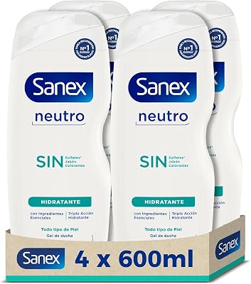 Gel de Ducha Neutro Hidratante (4x600 ml), con ingredientes esenciales, 0% sulfatos*, 0% jabón y 0% colorantes, para todo tipo de piel, hidratación duradera, tecnología triple acción