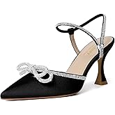 Susanny Women's Closed Toe Rhinstone Wedding Low Heel Slingback Clear Kitten Heels,Adjustable Strap Pointed Toe Bow Pumps High Heeled Prom Dress Shoes