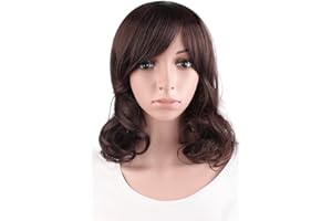 MapofBeauty 16 Inch/ 40 cm Daily Use Side Bangs Medium Curly Wig (Dark Brown)