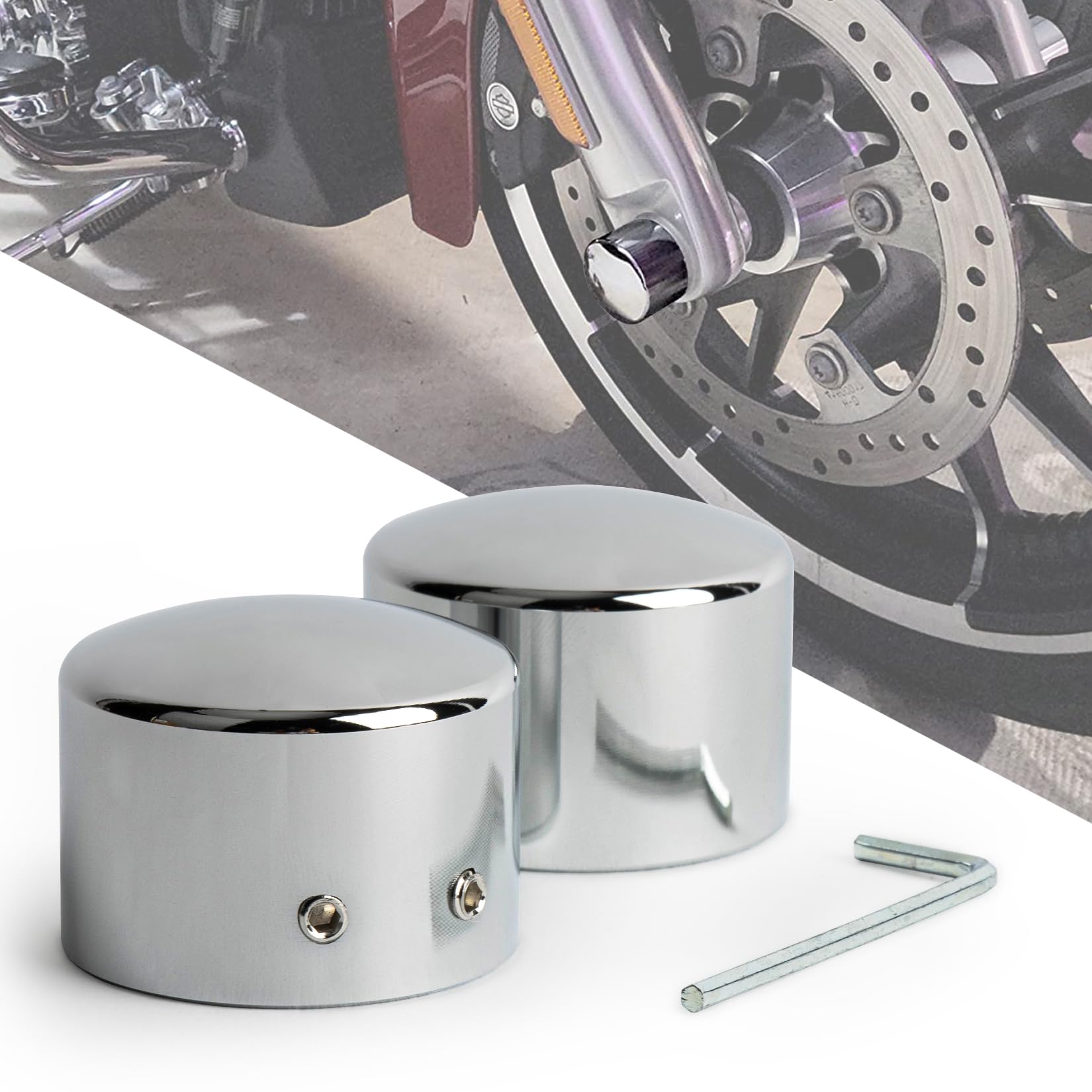 Photo 1 of Front Axle Caps, PSLER Motorcycle Front Axle Nut Covers for Softail Sportster Road King Electra Street Glide, Chrome