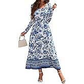 KETAWAK Womens Long Sleeve Dresses Casual Spring Maxi Dresses Square Neck A Line Elegant Flowy Dresses with Pockets