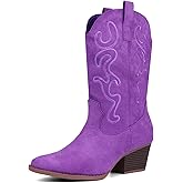 Bandkos Cowboy Boots for Women Cowgirl Mid Calf Western Embroidered Boot Low Chunky Block Heel Fashion Boots