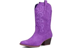 Bandkos Cowboy Boots for Women Cowgirl Mid Calf Western Embroidered Boot Low Chunky Block Heel Fashion Boots