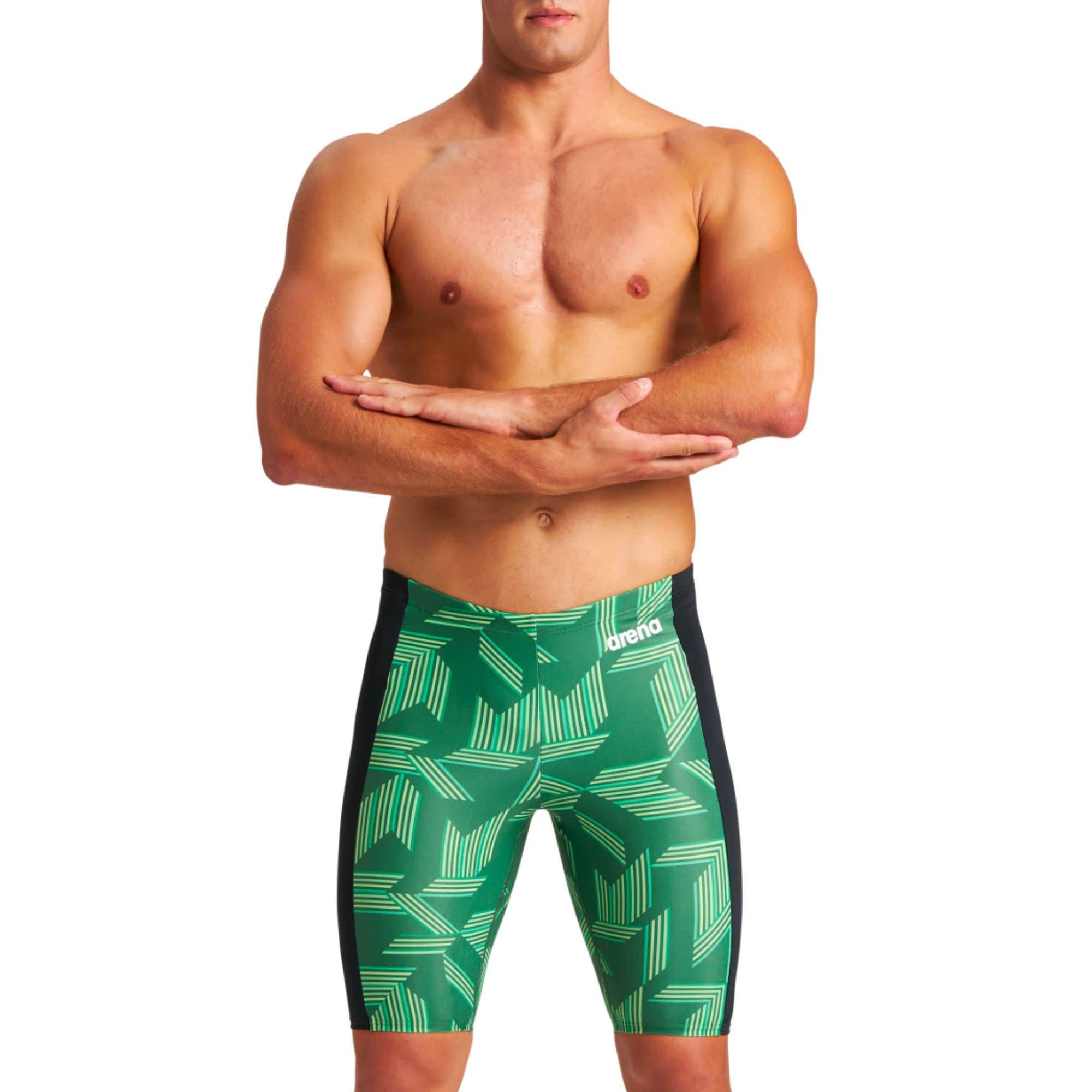 ARENA Men’s Swim Jammer Puzzled Team Print MaxLife Athletic Swimwear Training Swimsuit Sports Bathing Suit, Black/Green Multi, US Size 30