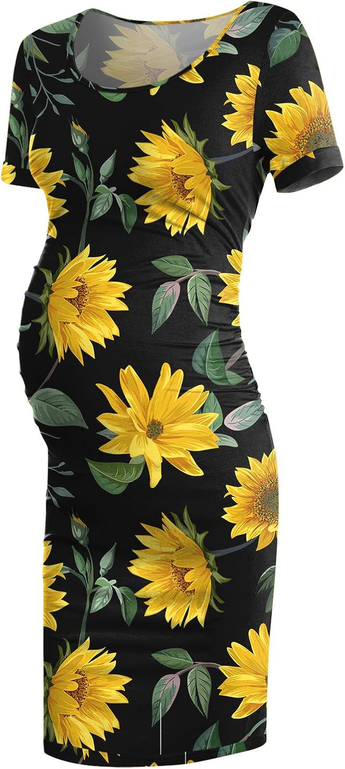Sinohomie Womens Maternity Dress Sunflowers Print Casual Dress Boat Neck Baby Shower Pregnancy 