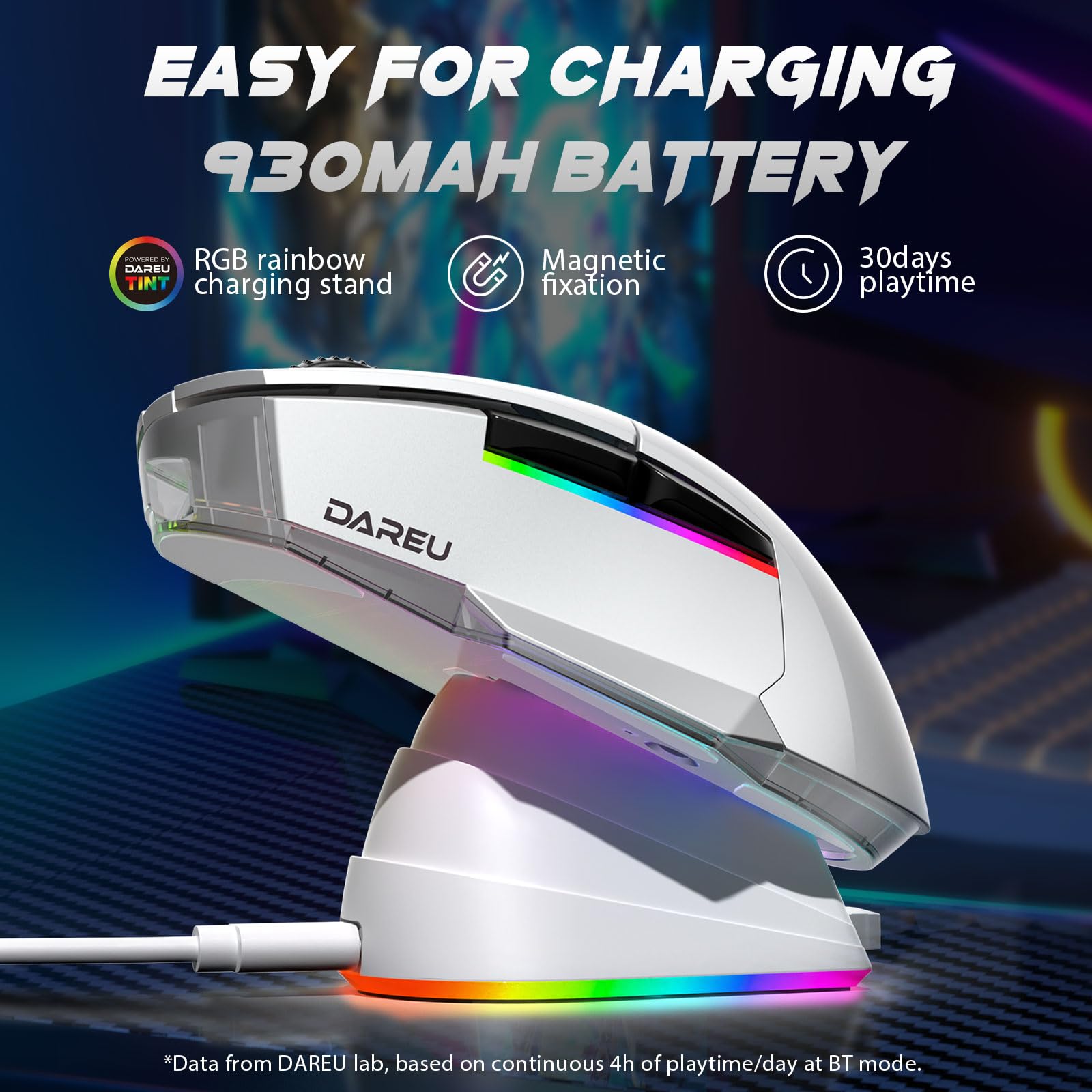 DAREU A955 Wireless Gaming Mouse with RGB Charging Dock: Tri-Mode 2.4G/USB-C/BT Mouse Up to 12K DPI Optical Sensor -KBS II Buttons Fully Programmable- 120 Hr Battery