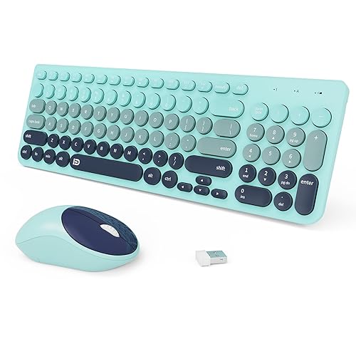 Wireless Keyboards Mouse Combos, Colorful Cute Typewriter Full-Size Retro Round Keycaps, 2.4GHz Cordless Connection Sleep Mode Office Wireless Keyboard and Mouse Set for Desktop Laptop PC Computer
