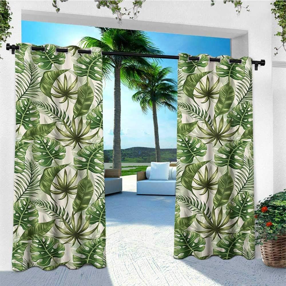 Tropical, Outdoor Curtain Extra Long, Rainforest Island Jungle Foliage Pattern Green Leaves