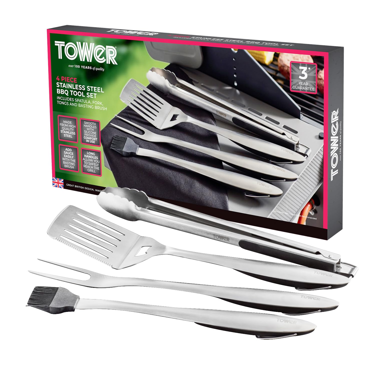 Tower T932002 4 Piece BBQ Tool Set with Hanging Loop, Including Spatula, Fork, Tongs & Basting Brush, Stainless Steel